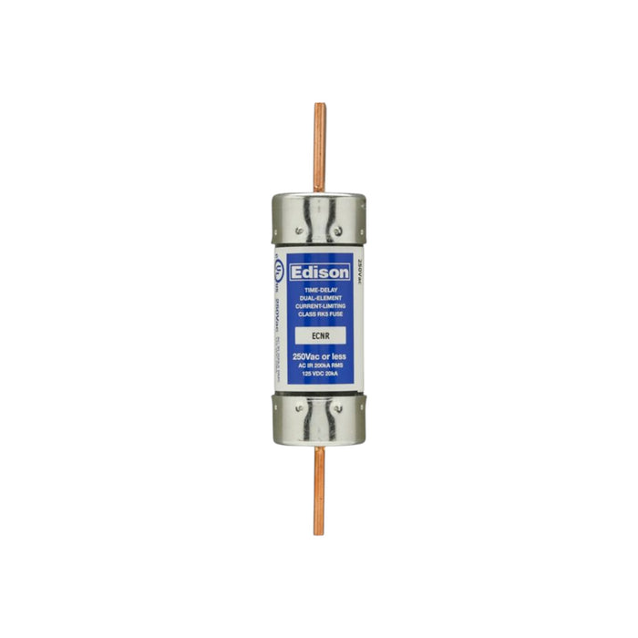 The Eaton Edison ECNR125 125 AMP Fuse is a cylindrical fuse with metal ends and features a blue label indicating 250V AC or less, with a 10k AIC RMS rating. Designed for time-delay, it provides both overload and short-circuit protection. The fuse is shown against a white background.