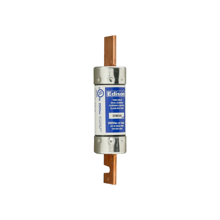 A cylindrical Edison ECNR125 Fuse from Eaton, featuring copper ends and a blue label, highlights specifications of 250V and 200A. Designed for overload and short-circuit protection, this time-delay fuse is isolated on a white background.