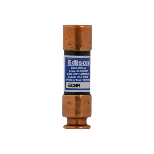 Close-up of a cylindrical Edison ECNR30 30 AMP Fuse by Eaton. Its copper-colored exterior with a blue label details specifications like ECNR and 250Vac or less. This fuse offers 10 seconds of protection, ensuring safety for critical electrical applications.