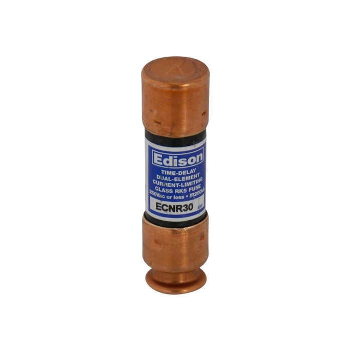 An Edison ECNR20 20 AMP Fuse from Eaton, featuring a cylindrical shape with copper-colored ends and a blue label in the center, offers short-circuit protection. The label indicates it is a Dual-Element Current-Limiting fuse designed for use with voltages of 250V or less.