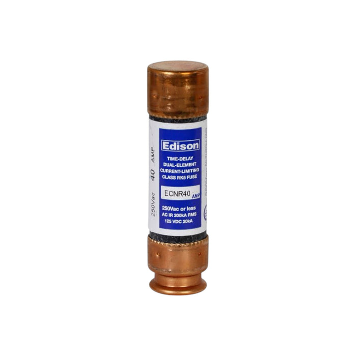 The Eaton Edison ECNR40 40 AMP Fuse is a cylindrical fuse with copper ends and a blue and white label. It features specifications for Time-Delay Dual-Element overload protection, handling up to 250V AC at 200kA RMS, or up to 125V DC at 20kA.