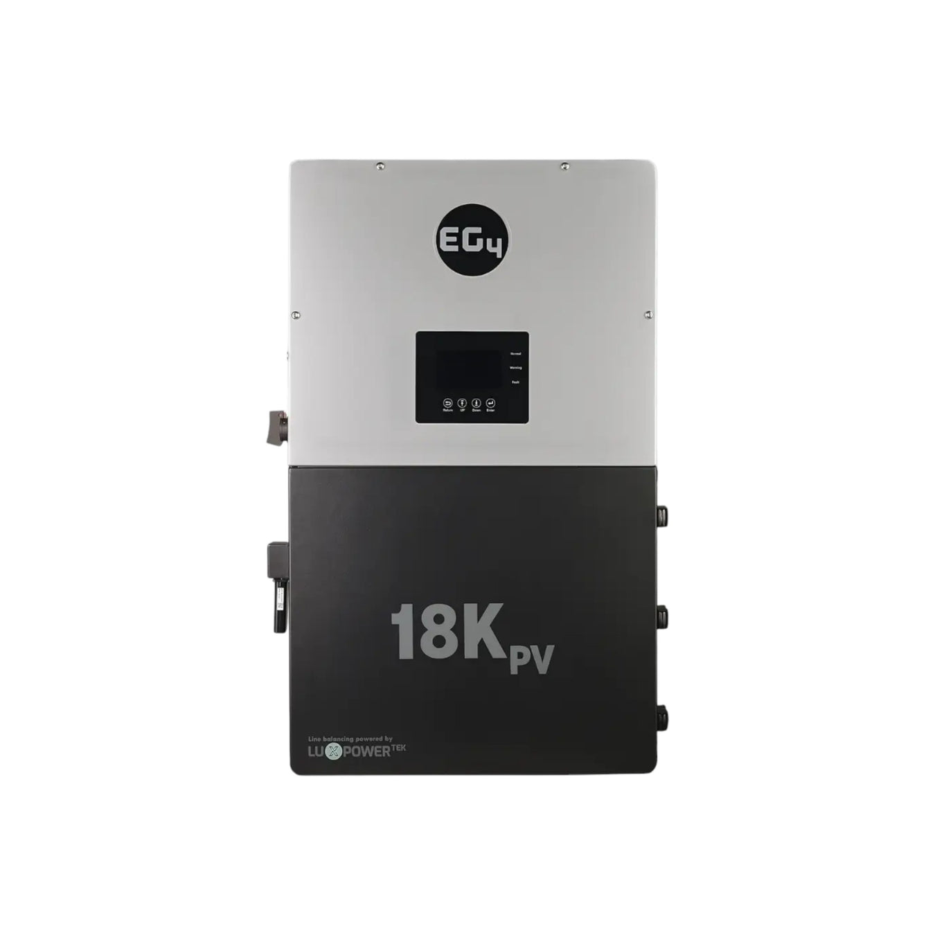 The EG4 18kPV-12LV All-In-One Hybrid Inverter in gray and black by BigBattery is crafted for energy independence. It boasts a digital control panel centrally positioned on the top section, with the brand logo prominently displayed at the uppermost part.