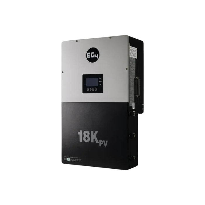 The EG4 18kPV-12LV All-In-One Hybrid Inverter by BigBattery, featuring a sleek black and silver design, includes a digital display panel on the front. Achieve energy independence with this advanced solar technology; its top half showcases a logo, while the bottom half features text identifying it as a hybrid inverter model.