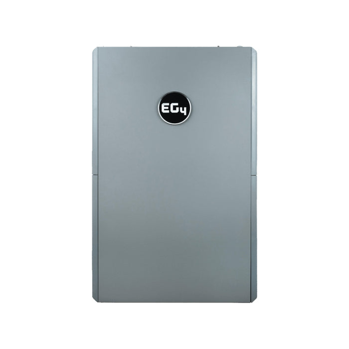 The EG4 Power Pro WallMount by Solartek is a sleek, rectangular lithium battery with a gray exterior and a central black circular EG4 logo. Its modern design includes integrated self-heating, making it ideal for tech or energy applications.