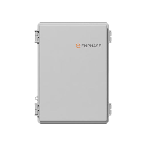 The image features a gray rectangular electrical box with a hinged cover, identified as the Enphase Load Control Kit from Enphase Energy. The Enphase logo is prominently displayed on the upper right of the front panel, emphasizing its compatibility with load control modes.