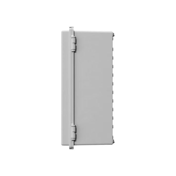 The Enphase EP-NA-LK02-040 IQ Load Controller by Enphase Energy is a gray rectangular wall-mounted electrical enclosure designed for off-grid systems. It features a hinged door and secure fasteners, as seen from the side.