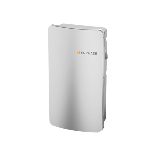 The Enphase EP200G-SC2-RSD-KIT IQ System Controller 2 KIT from Enphase Energy features a sleek, silver design with smooth, rectangular lines. Its minimalist look is highlighted by clean edges and a gentle curve at the top. Engineered for efficiency, it provides a seamless transition to backup power during grid outages, with the brand logo prominently displayed on the front.