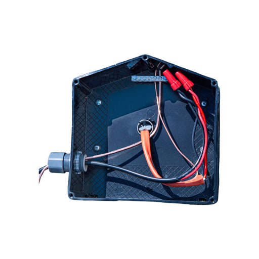 Introducing the Ezsolar JB-1.2 Rooftop PV Junction Box by EZ Solar. This open black plastic junction box, made from durable polycarbonate and shaped like a house, features multiple red and black wires connected inside. A gray cable gland is positioned on the left side, while its interior boasts exposed wiring and connectors designed for water protection.