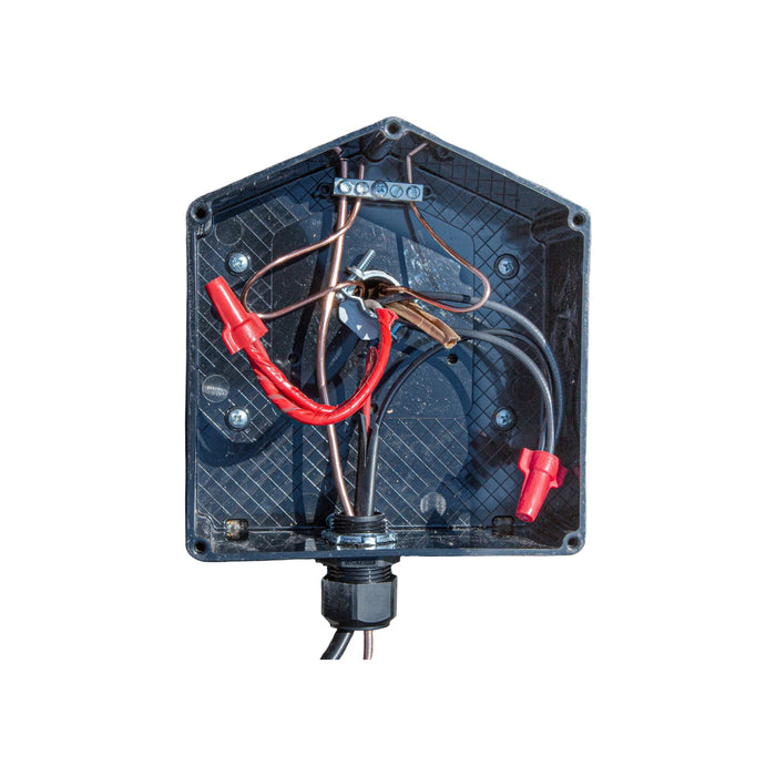 Close-up of an open Ezsolar JB-1.2 Rooftop PV Junction Box by EZ Solar, featuring multiple red and black wires secured with connectors. The hexagonal housing is made from durable polycarbonate plastic, ensuring water protection.