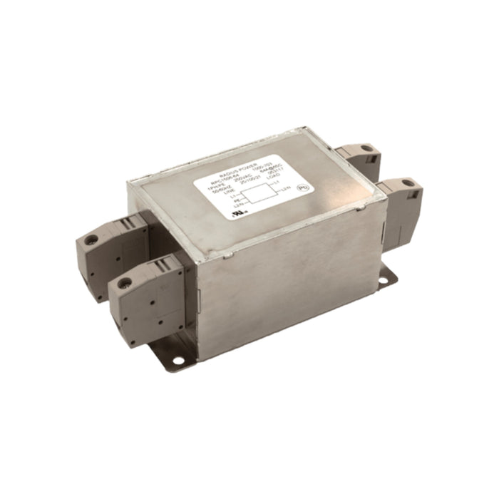 The Enphase Radius Power Line Filter by Enphase Energy is a rectangular device featuring a label on the top and multiple connection terminals on each side. Perfect for electrical applications, it efficiently reduces electrical noise and includes mounting holes on its base for secure installation.