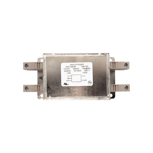 The Enphase Radius Power Line Filter by Enphase Energy is a rectangular electronic component with a metal casing, designed to reduce electrical noise. It features four side connectors and displays specifications on the front, including voltage and current ratings.