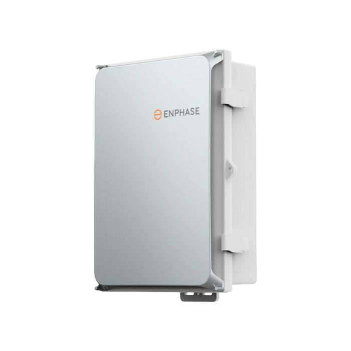 The white rectangular Solartek device, an Enphase IQ Combiner 5, boasts a sleek design with the Enphase logo on the front. Mounted vertically with side hinges and protective casing, it combines advanced technology with sophisticated form.