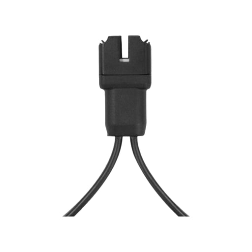 Close-up of a black Enphase Portrait Cable by Solartek, Y-shaped with a male plug and two female connectors, enabling two headphones to connect to one audio source; seamless design against a white background.