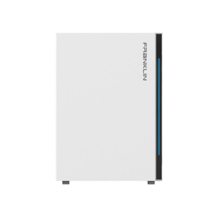 A sleek, modern white rectangle-shaped device featuring a lithium iron phosphate battery and a vertical blue light strip on the right side. "FranklinWH" is printed in black vertically along the right edge. The FranklinWH aPower FHP 13.6KW Battery boasts a minimalist design and stands on small legs for energy resilience.