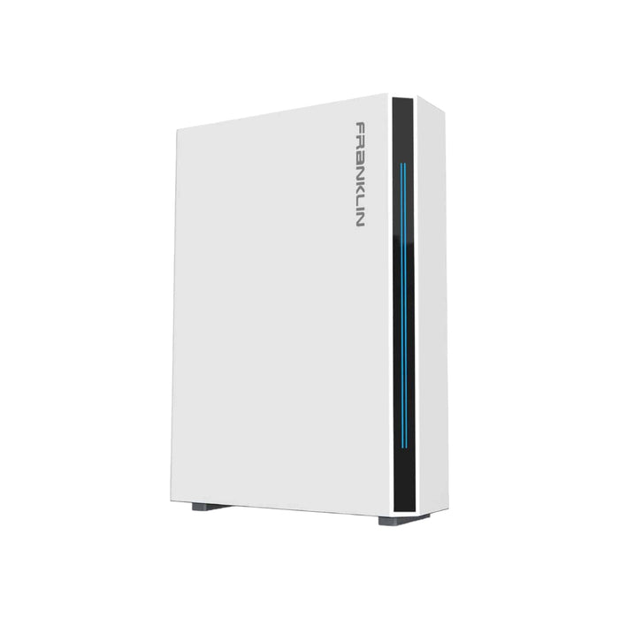 A sleek, modern white device displaying the FranklinWH logo on its side. It features a vertical black accent accompanied by a blue light and rests on small feet. The design is minimalist and contemporary, reflecting the energy resilience of the FranklinWH aPower FHP 13.6KW Battery with its lithium iron phosphate technology.