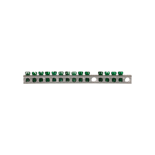 The Eaton GBK14 Ground Bar Kit, featuring 14 green screw terminals, is designed for grounding electrical connections in load centers and is shown isolated against a white background.