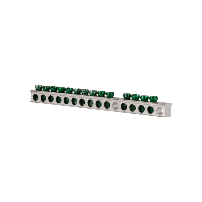 The Eaton GBK14 Ground Bar Kit, featuring 14 terminals, is a metal electrical terminal block with multiple evenly spaced holes and green screw connectors designed for securely connecting wires. Commonly used in loadcenters, it ensures effective grounding for enhanced safety and reliability.