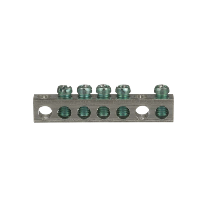 Image of the Eaton GBK5 Ground Bar Kit, a metal electrical terminal block featuring six threaded holes, each equipped with a set screw. This rectangular kit is designed to fit Eaton CH load centers, providing secure connections and complying with electrical standards for efficient wiring connectivity.