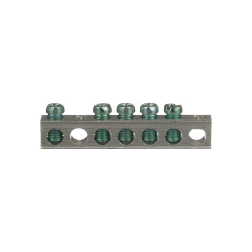 The Eaton GBK5 Ground Bar Kit, featuring six screw terminals with circular holes for electrical connections, is shown against a plain white background. Engineered to meet electrical standards, it integrates perfectly with Eaton CH load centers for dependable functionality.