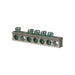 The Eaton GBK5 Ground Bar Kit, designed to comply with electrical standards, includes five screw terminals and corresponding holes for secure wiring connections. It features a silver finish with green-tinted screws and is compatible with Eaton CH load centers.