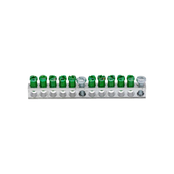 The EATON GBKP10 Ground Bar Kit 10 Terminal by Eaton is designed with multiple green screw connections in a row on a silver metal terminal block. It includes one silver screw among the green screws, providing electrical safety and making it ideal for wiring and grounding applications.