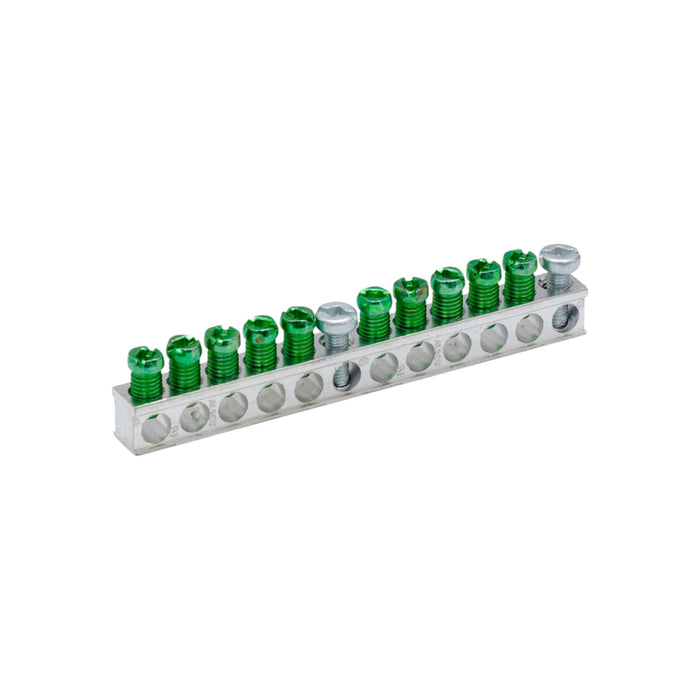 The EATON GBKP10 Ground Bar Kit 10 Terminal by Eaton, featuring a series of green screws and a single silver screw, is designed for electrical connections to ensure safety. It includes holes for wire insertion and integrates effortlessly with a ground bar system.