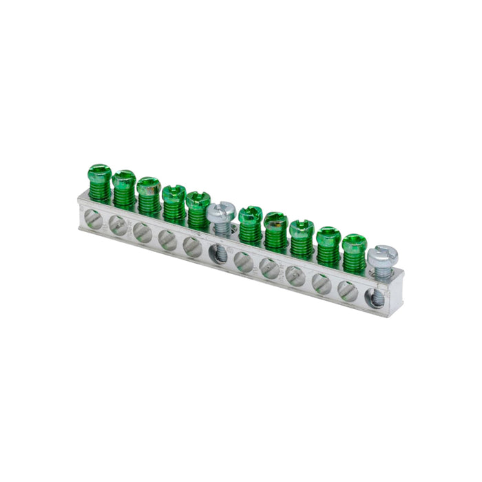 The EATON GBKP10 Ground Bar Kit 10 Terminal by Eaton is a metal electrical terminal block equipped with multiple slots. It features green screws on one side and silver screws on the other, ensuring optimal electrical safety. Designed for wiring connections compatible with CH/BR Plug-On Neutral systems, it is showcased against a white background.