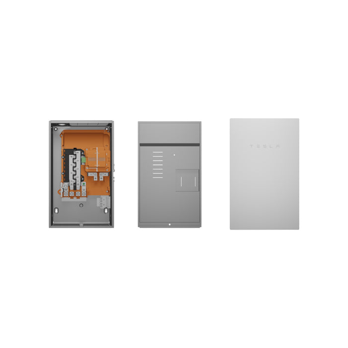 Image of a Tesla Backup Gateway 3 featuring three views: an open perspective displaying internal wiring and components, a sleek closed front with a small panel for energy monitoring, and a plain back view with the Tesla logo embossed.