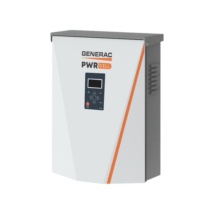 The Generac PWRcell 7.6kW 1-Ph Inverter, featuring a white exterior and a digital display panel with an orange stripe, seamlessly integrates smart battery technology. This rectangular unit is designed to efficiently store and manage energy while serving as a grid-tie inverter.