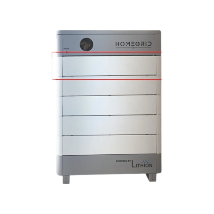 The HomeGrid Battery 4.8KW Module HG-FS48100-15OSJ1, a sleek and modern modular energy storage system by HomeGrid, boasts a minimalist design. With its rectangular shape, gray and white color scheme, and the Lithion logo at the bottom, it integrates seamlessly with the HomeGrid Energy app for effortless monitoring.