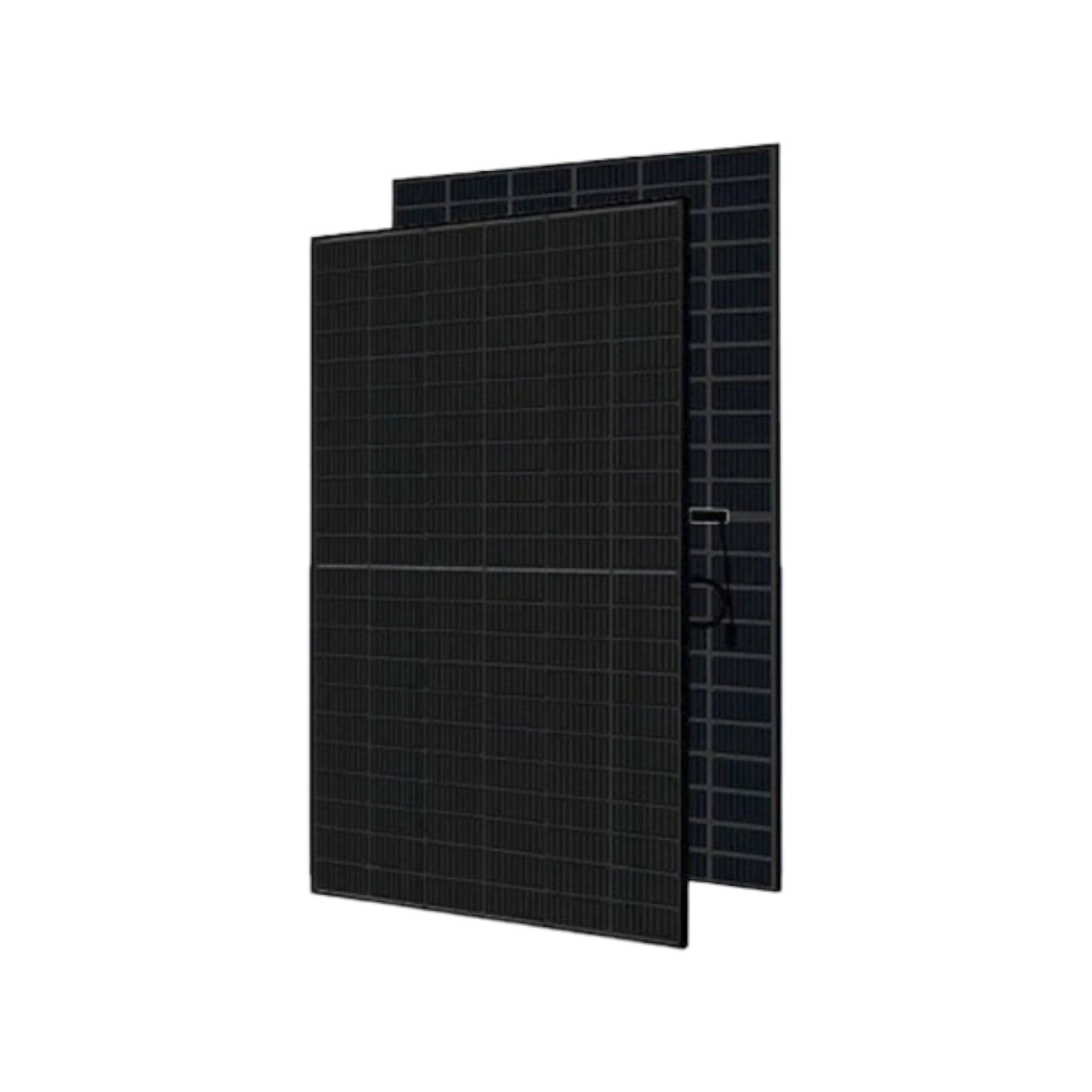 Two Hyundai 410W Solar Panel BLK/BLK, from Hyundai Solar, stand upright against a white background. They are identical in design, showcasing a grid-like pattern of photovoltaic cells featuring PERC technology for harnessing solar energy.