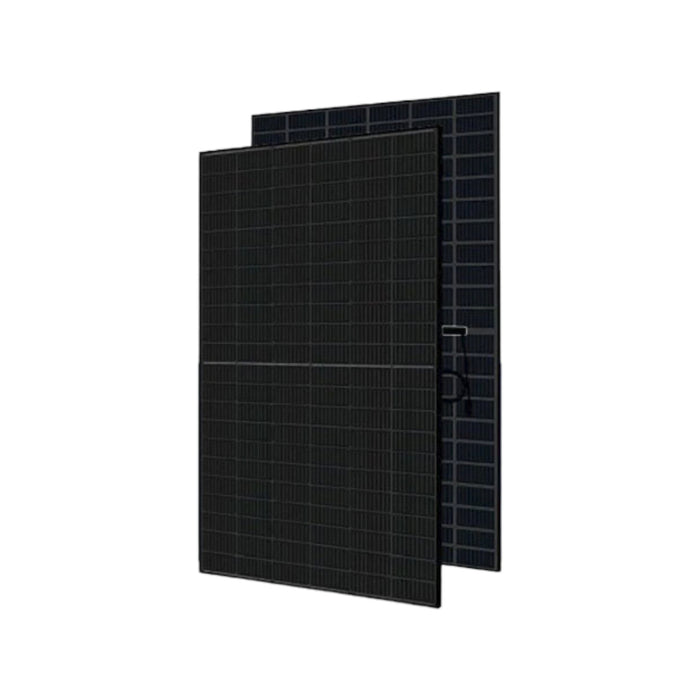 Two sleek Solartek Hyundai 410W solar panels with a grid-like pattern, one slightly overlapping the other, on a white background, highlight advanced PERC technology.