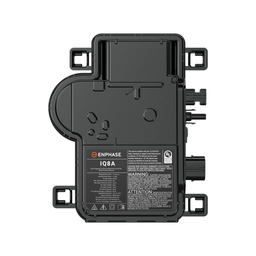 The Solartek Enphase IQ8AC Microinverter, featuring grid-forming technology to boost solar panel efficiency, comes in a sleek black rectangular design with corner brackets. The front displays the brand logo, model number, and warning labels in crisp white and orange text.