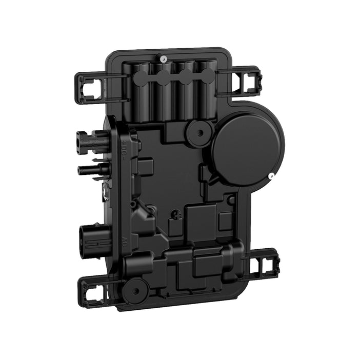 A black Enphase IQ8AC Microinverter by Solartek features ridged and circular disk-like elements, multiple connectors, and sections within a rectangular casing with edge mounting points, enhancing solar panels efficiency.