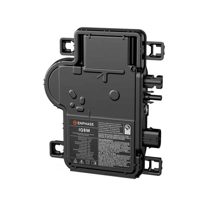 Image of the Enphase Energy IQ8M Microinverter, an essential element in solar energy systems. This black, rectangular device includes a label displaying specifications and safety warnings and is equipped with side connectors for electrical integration. Access detailed information through the Enphase App.