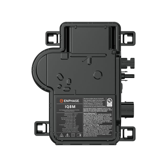 The image displays the Enphase IQ8M Microinverter by Enphase Energy, a sleek black device crucial for your solar energy system. It includes several connectors and has a detailed front label indicating model details and safety warnings. The rectangular unit features side mounting brackets, facilitating seamless integration with the Enphase App.