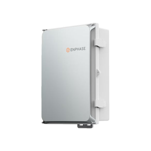 The Enphase X2-IQ-AM1-240-4 IQ Combiner 4 by Enphase Energy, a stylish white rectangular device from the IQ Combiner 4 series, showcases a cover with the Enphase logo in orange and gray. Its contemporary design with rounded corners is elegantly mounted against a white backdrop.