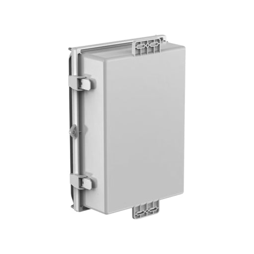 A gray rectangular electrical enclosure with a hinged door, flat surface, and side latches is designed for wall mounting. It offers perfectly streamlined integration with the Enphase Energy IQ Combiner 5.