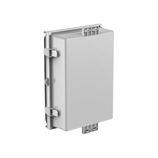 The Enphase X2-IQ-AM1-240-4 IQ Combiner 4, by Enphase Energy, is a gray rectangular plastic enclosure designed to be compatible with the company's energy systems. It features secure latches and hinges on its side for safeguarding electrical or electronic components. Its smooth surface and durable construction provide reliable housing for essential equipment.