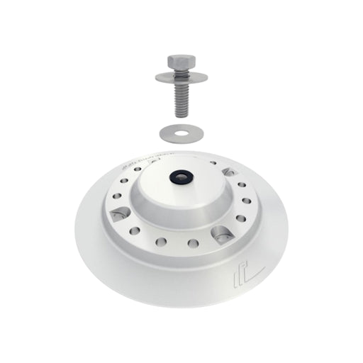 Image of Solartek Ironridge Flat Roof Attachments featuring a silver metal flange with multiple holes, and a bolt and nut above it. The durable cast aluminum base makes it perfect for low-sloped roofs, isolated on a white background.