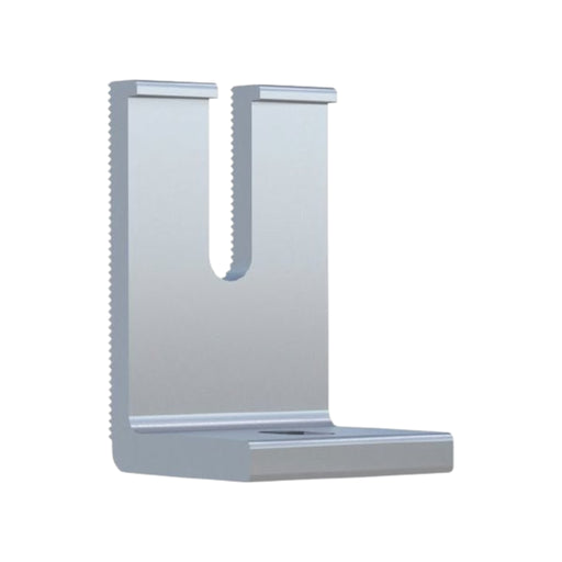 The IronRidge LFT-03-M1 Slotted L-Foot, made from 6000 series aluminum, stands upright against a white background. Its design resembles the L-Feet used in roof mounting, featuring a flat base and vertical grooves for support or attachment, along with serrated edges to enhance grip.