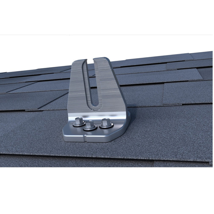 Close-up of an IronRidge QM-HUG-01-M1 QuickMount Halo UltraGrip metal solar panel mounting bracket secured to a dark asphalt shingle roof. The bracket, featuring UltraGrip Seal Technology, is anchored with three bolts for waterproof protection, while the shingles are neatly layered beneath it.