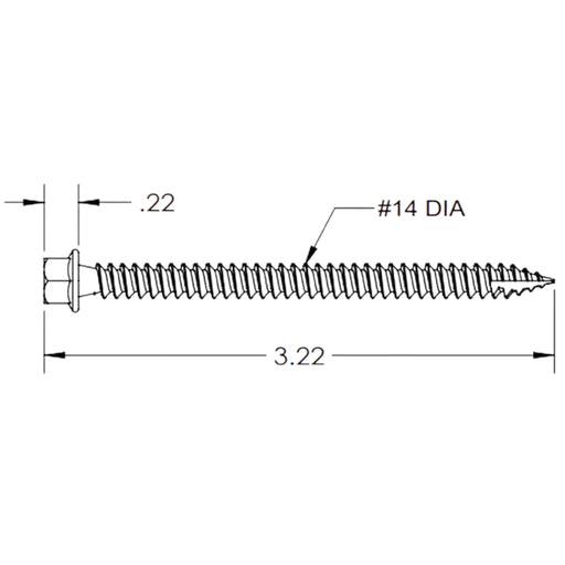 Technical illustration of the IronRidge HW-RD1430-01-M1 QuickMount Structural Screw, featuring a length of 3.22 inches and a #14 diameter. Engineered by Ironridge for flexible mounting applications, the hexagonal head and threaded shaft taper to a pointed tip, ideal for asphalt shingle roofs. Head and length measurements are indicated with lines.