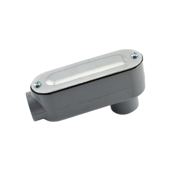 The Bridgeport LB-42CG 3/4 Lb-Type aluminum conduit body with cover and gasket is shown against a white background. Featuring a removable lid secured by two screws, its ideal for 90-degree cable pulls and designed for connecting and routing wires in IMC/Rigid Conduit systems.