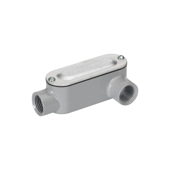 The gray Bridgeport LL42CG 3/4" LL aluminum conduit body includes two threaded openings positioned on opposite sides and a detachable metal cover secured with screws, integrating seamlessly into rigid conduit systems.