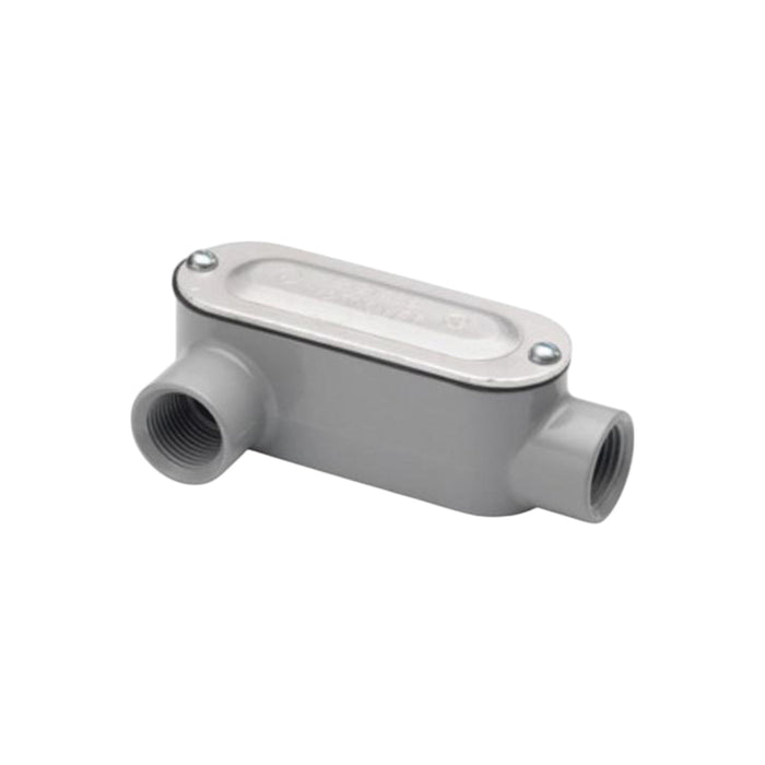 The Bridgeport LR42CG 3/4" LR Aluminum Conduit features a gray body with two threaded openings on either side, accompanied by an oval removable cover for easy inspection. It is secured with two screws and is designed to connect and protect IMC or threaded rigid conduit in both industrial and residential environments.