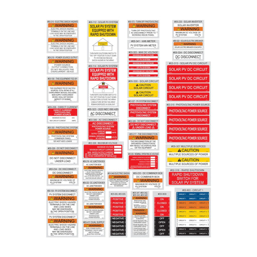 The PV Solar Labels 55 Piece Value Pack by PV Labels includes a variety of solar warning labels and signs made with durable UV screen-print inks. The pack features diverse text and color schemes, including warnings about rapid shutdown and electrical circuits on backgrounds in red, yellow, and white. Each label is equipped with permanent adhesive to ensure reliable application.