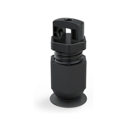 The Enphase Q-Term-10 Terminator Cap by Enphase Energy is a black plastic fastener with a hexagonal body and threaded portion, perfect for securing unused cable ends. Its looped top and flat, round base indicate multipurpose use, potentially in branch circuits. The design is prominent against the plain white background.