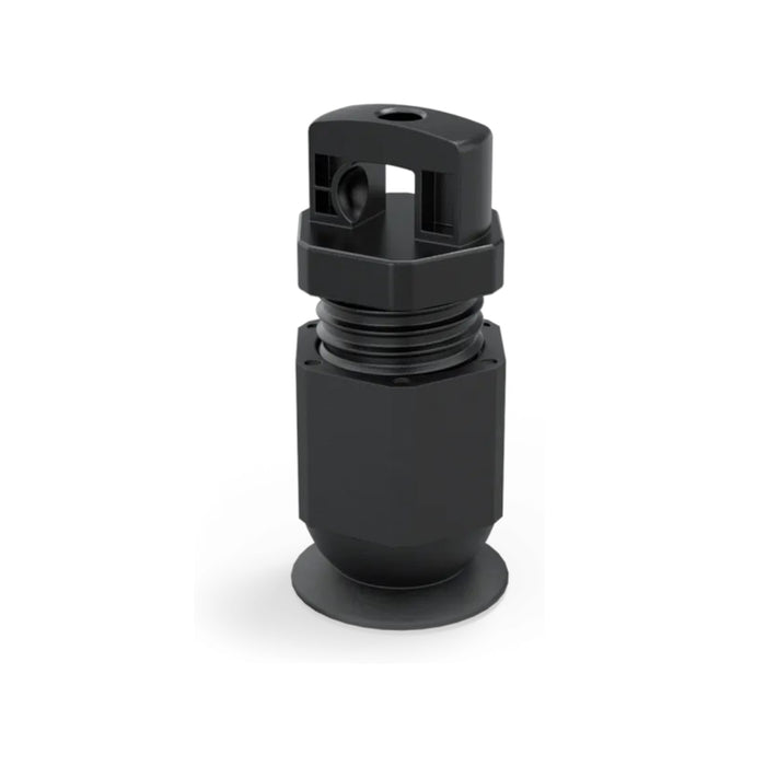 The Enphase Q-Term-10 Terminator Cap by Enphase Energy is a black plastic fastener with a hexagonal body and threaded portion, perfect for securing unused cable ends. Its looped top and flat, round base indicate multipurpose use, potentially in branch circuits. The design is prominent against the plain white background.