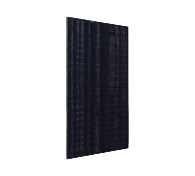 A black REC 400NP3 BOB solar panel, from the brand REC, stands upright against a white background, highlighting its sleek rectangular design and distinctive grid pattern, enhanced by Twin Design Technology.